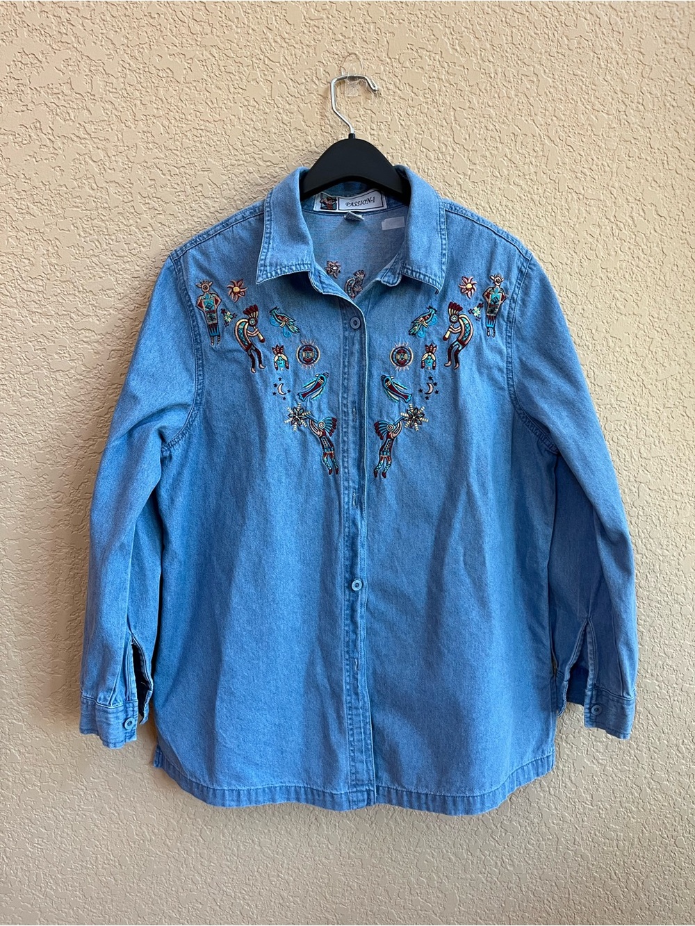 Women's Light Blue Embroidered Denim Button-Down Shirt